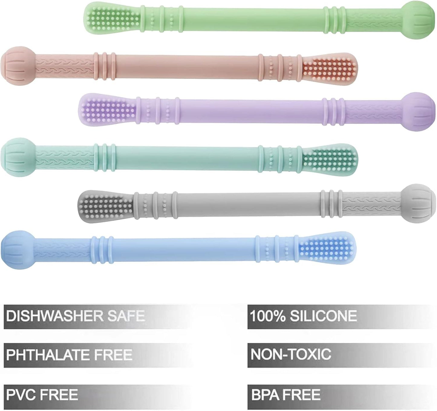 PandaEar Mordedores de silicone para bebês, pacote com 6 unidades | Mordedores macios para aliviar a dentição, com 2 escovas de limpeza, para bebês de 0 a 3, 3 a 6 e 6 a 12 meses