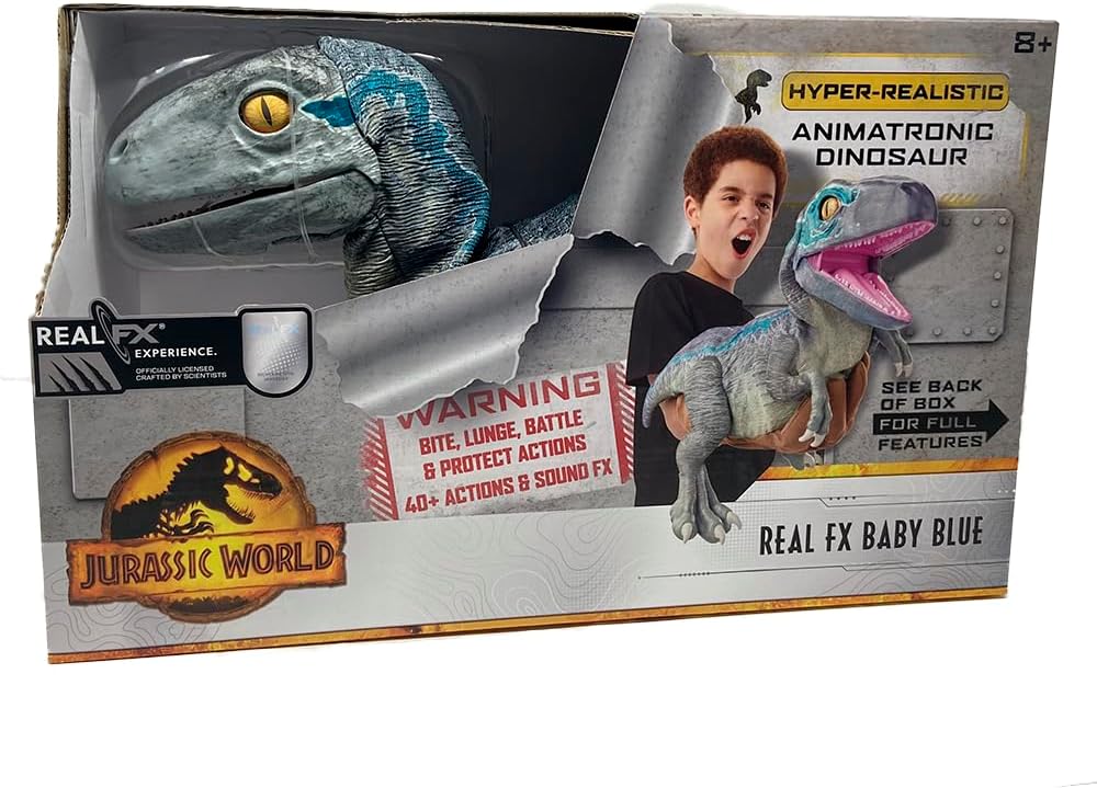 UAU! COISAS - Brinquedo de dinossauro azul bebê Jurassic World REAL FX, dinossauro animatrônico hiper-realista, movimentos realistas e sons de filmes reais, brinquedos oficiais Jurassic World Dominion, idade 8+