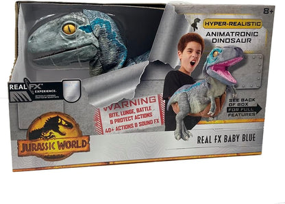 UAU! COISAS - Brinquedo de dinossauro azul bebê Jurassic World REAL FX, dinossauro animatrônico hiper-realista, movimentos realistas e sons de filmes reais, brinquedos oficiais Jurassic World Dominion, idade 8+