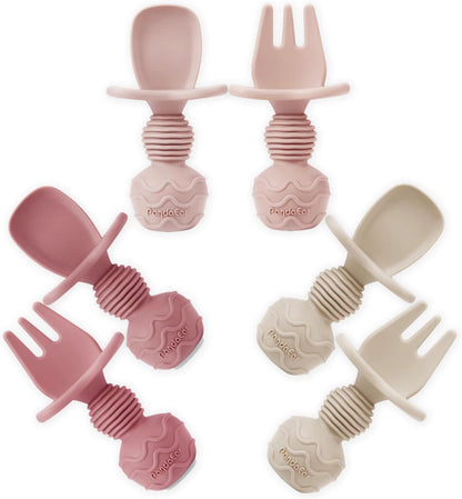 PandaEar Conjunto de 6 colheres e garfos de silicone para alimentação de bebês - Utensílios antiengasgo para a primeira alimentação independente, ideais para bebês a partir de 3 meses - Rosa