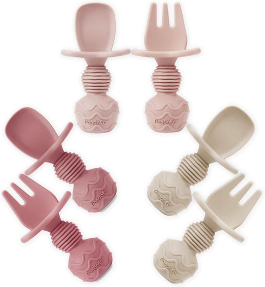 PandaEar Conjunto de 6 colheres e garfos de silicone para alimentação de bebês - Utensílios antiengasgo para a primeira alimentação independente, ideais para bebês a partir de 3 meses - Rosa