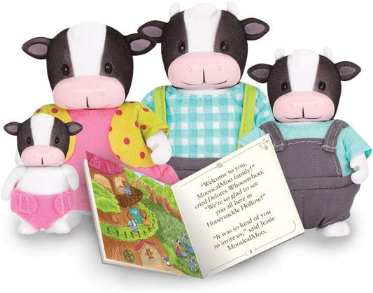 Li'l Woodzeez – Familia de vacas MoosicalMoo – Juego de juguetes de 5 piezas con figuras de animales en miniatura y libro de cuentos – Juguetes y accesorios de animales para niños de 3 años en adelante