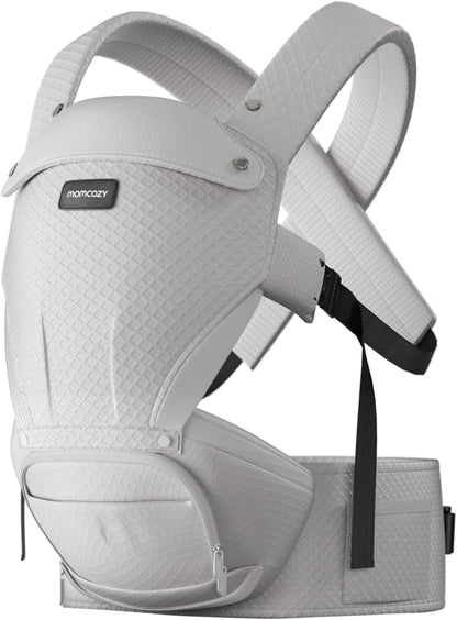 Momcozy Canguru com assento de quadril, 2 em 1 para carregar o bebê de frente para a rua, canguru destacável para uso com as mãos livres até 20 kg, canguru respirável para bebês com cintura de até 120 cm, cinza AirMesh