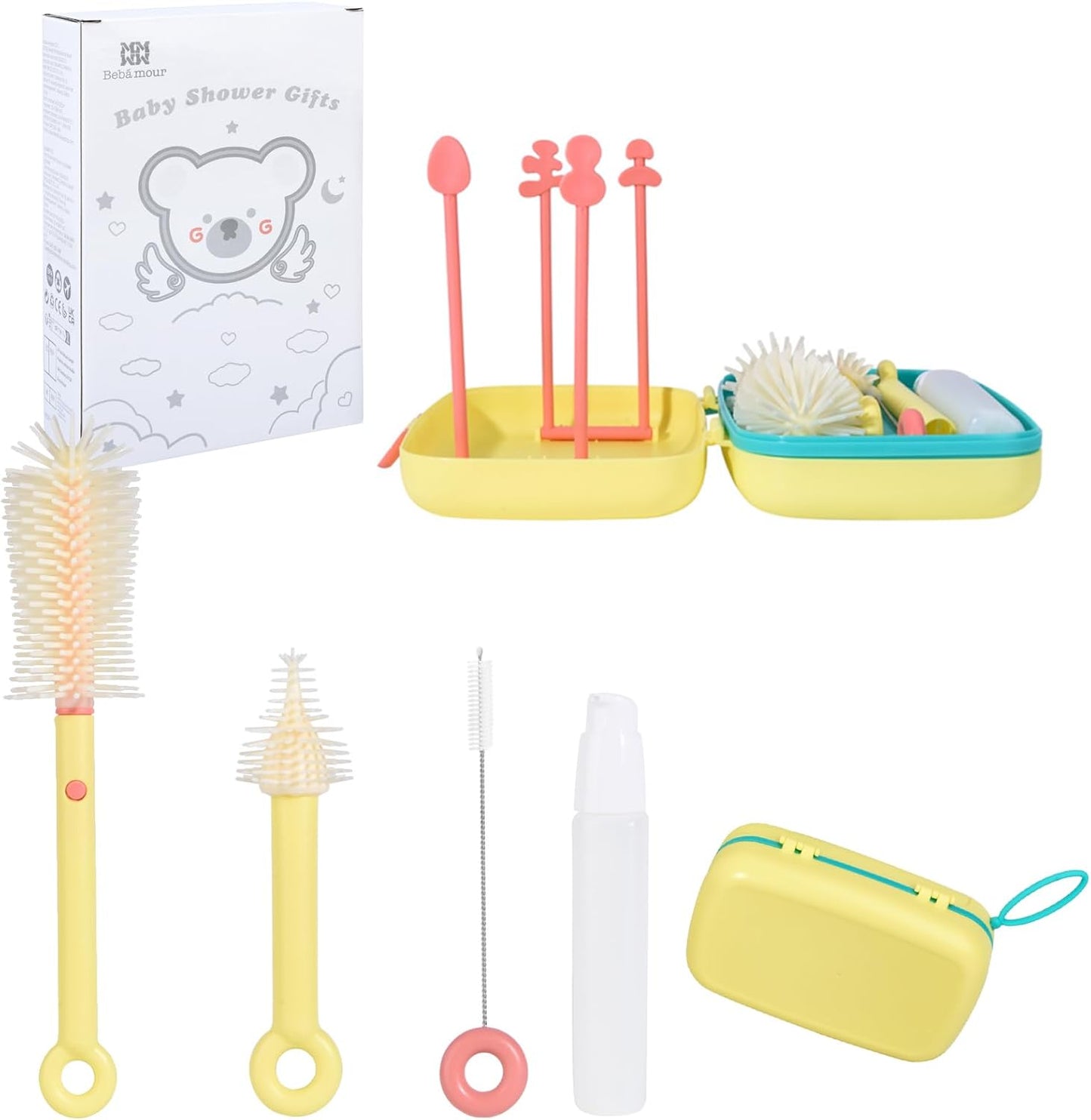 Bebamour Conjunto de escovas para mamadeiras 7 em 1, kit de limpeza portátil, amarelo