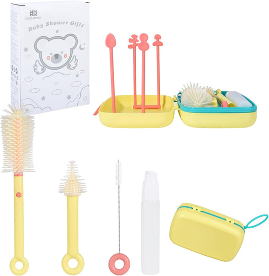 Bebamour Conjunto de escovas para mamadeiras 7 em 1, kit de limpeza portátil, amarelo