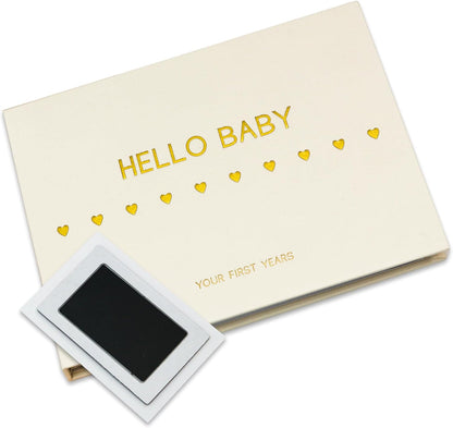 Livro de memórias LOVE ON para bebês com kit de mãos e pés sem tinta grátis - Diário dos primeiros 5 anos para bebês com capa elegante de linho e folha de ouro em relevo - Inclusivo para todos os tipos de família