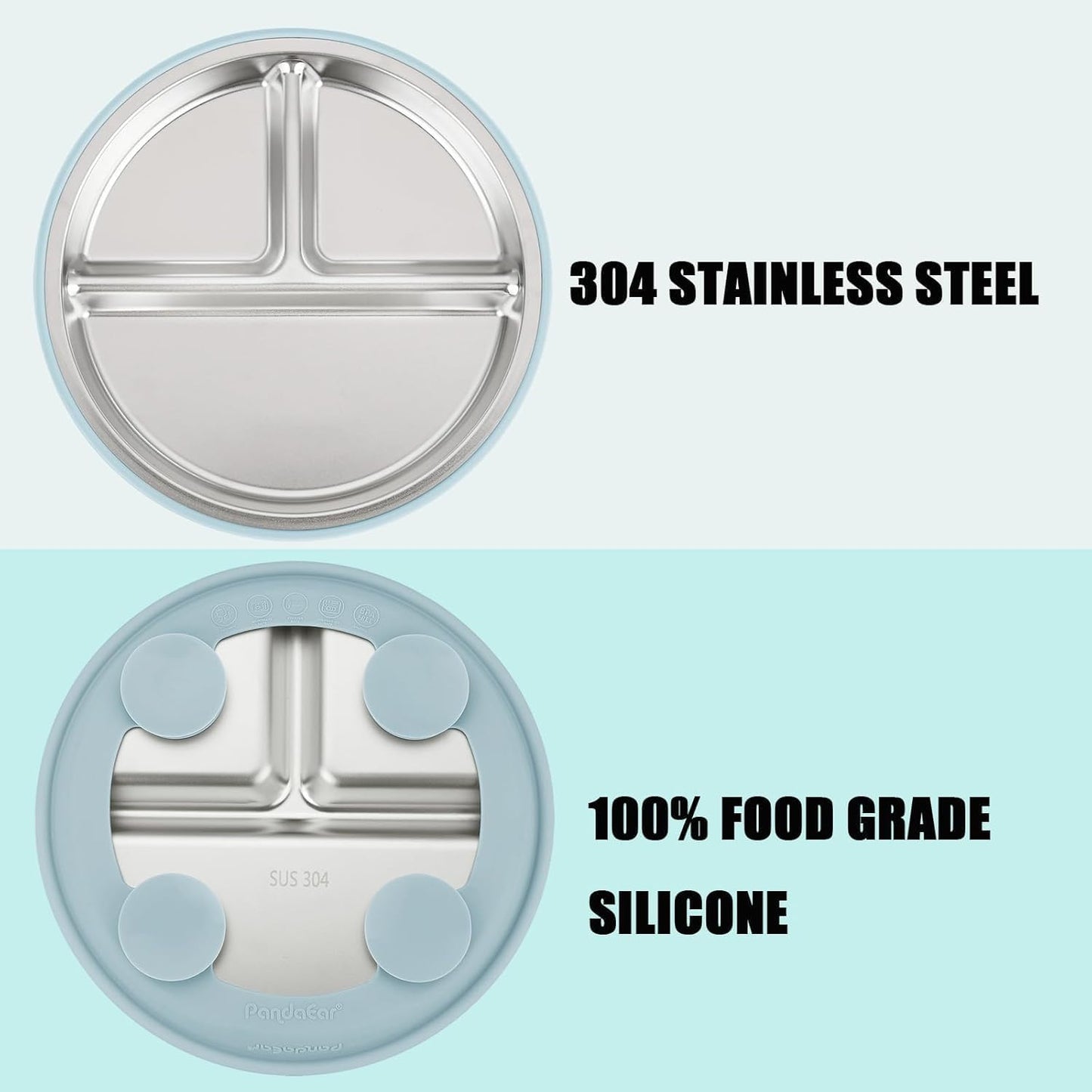 PandaEar Conjunto de 3 Pratos Infantis em Aço Inoxidável com Ventosa e Tampa, Antiderrapantes e com Capa de Silicone, para Crianças e Bebês, Inquebráveis e Sem Sujeira (Azul, Verde e Marrom)