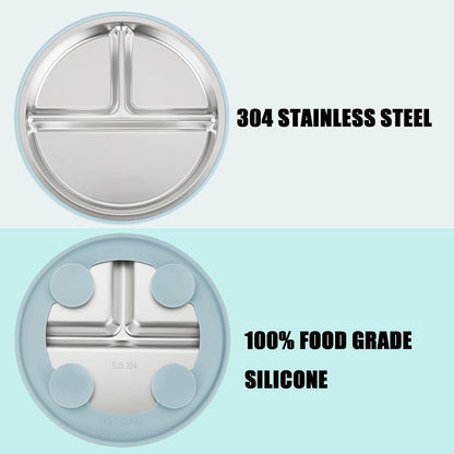 PandaEar Conjunto de 3 Pratos Infantis em Aço Inoxidável com Ventosa e Tampa, Antiderrapantes e com Capa de Silicone, para Crianças e Bebês, Inquebráveis e Sem Sujeira (Azul, Verde e Marrom)