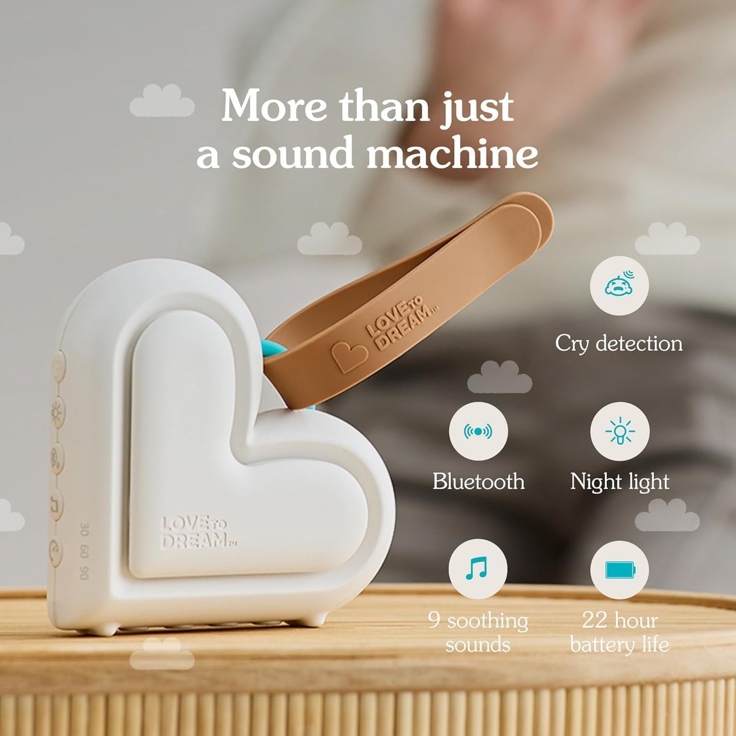 Love To Dream™ Aparelho Portátil para Dormir Bebê - Terapia Sonora Relaxante e para Dormir, 9 Sons Suaves para Bebês, Ruído Branco e Canções de Ninar com Luz Noturna, Design Compacto, Volume Ajustável e Detecção de Choro