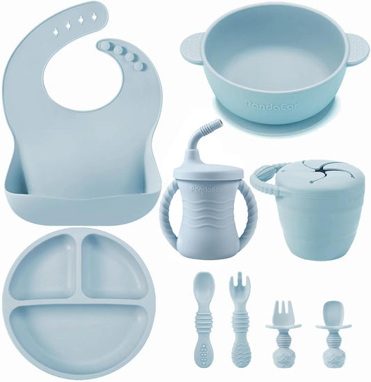 PandaEar Conjunto de alimentação para bebês em silicone | Conjunto de 9 peças para introdução alimentar guiada pelo bebê | Conjunto para alimentação do bebê | Prato dividido com ventosa, tigela, babadores,