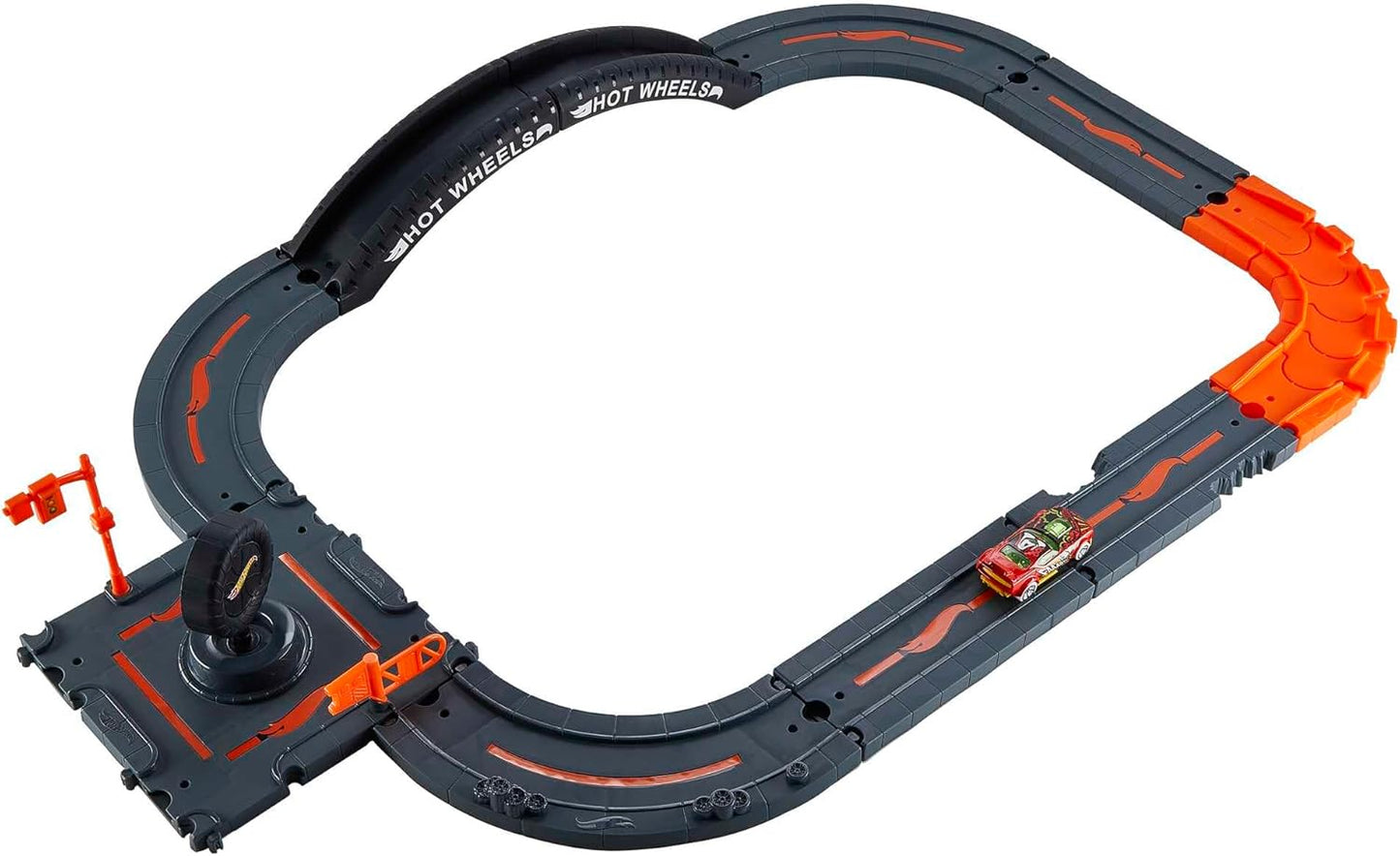 Conjunto de Pista Hot Wheels City Track Pack com 10 peças, incluindo base e diversos elementos para construir uma cidade, e 1 carrinho Hot Wheels. Conecta-se a outros conjuntos. Ideal para crianças a partir de 4 anos. HDN95