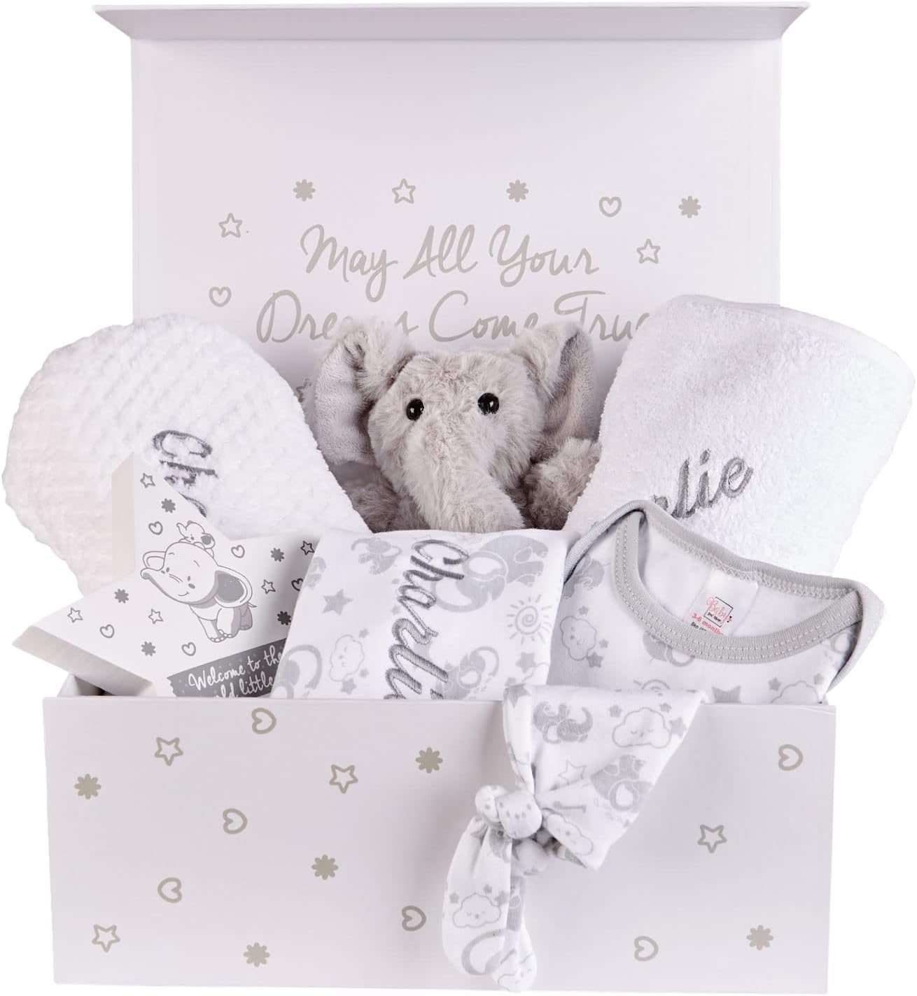Baby Box Shop Conjunto de presentes personalizados para bebês Caixa de presente unissex, presentes para meninos e meninas, loja de caixas de bebê Conjunto de presentes unissex para bebês 7 itens essenciais para presentes de recém-nascidos