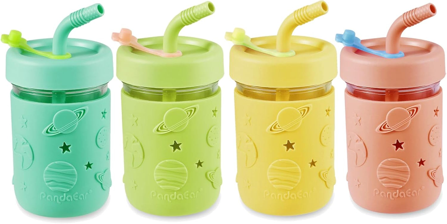 PandaEar Conjunto de 4 Copos de Vidro para Crianças e Bebês, Estilo Mason Jar, 250ml, com Capas de Silicone e Canudos, Copos Antivazamento para Smoothies e Lanches.