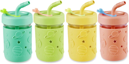PandaEar Conjunto de 4 Copos de Vidro para Crianças e Bebês, Estilo Mason Jar, 250ml, com Capas de Silicone e Canudos, Copos Antivazamento para Smoothies e Lanches.