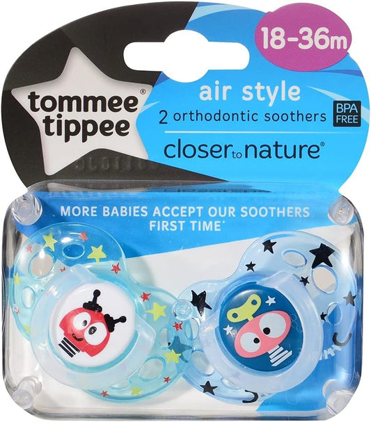Tommee Tippee 18-36 meses mais perto da natureza chupetas ortodônticas estilo divertido, pacote de 2