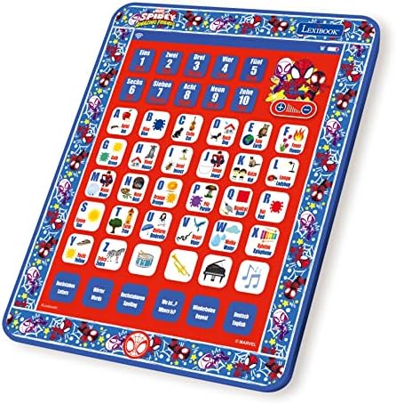 LEXIBOOK, Homem-Aranha e Seus Incríveis Amigos, Tablet Educativo Bilíngue, Brinquedo para aprender o alfabeto, números, palavras, ortografia e música, Inglês/Alemão, Azul/Vermelho, JCPAD002SPi3