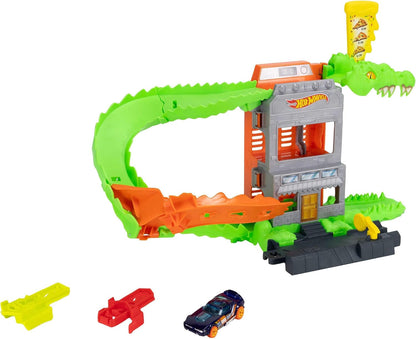 Hot Wheels Conjunto "Ataque da Pizza do Crocodilo" e carrinho em escala 1:64 | Lance os carrinhos pela pista para vencer o crocodilo inimigo e evitar ser devorado