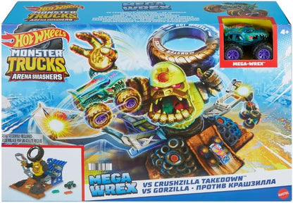 Hot Wheels Monster Trucks Arena Smashers Mega-Wrex vs. Crushzilla Takedown com caminhão de brinquedo Mega-Wrex em escala 1:64 e 2 carros esmagáveis, HPR47