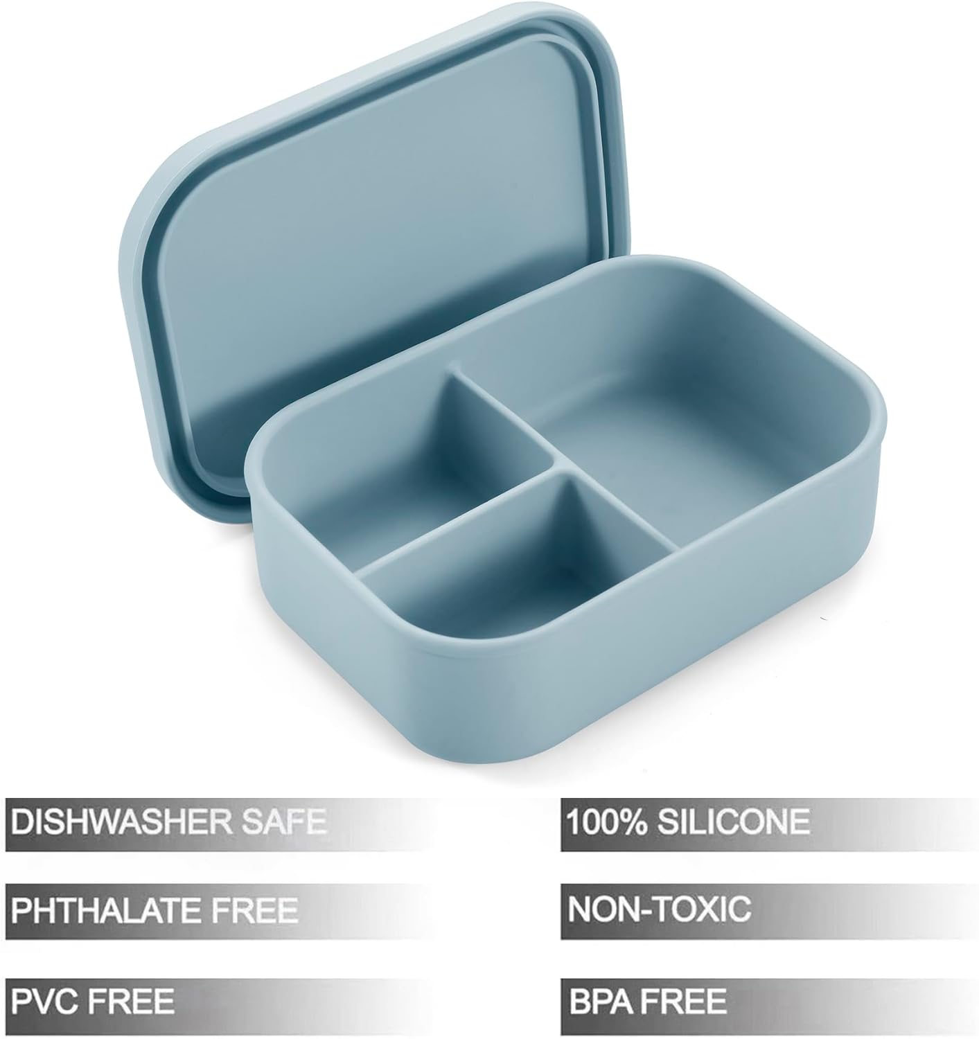 PandaEar Lancheira Bento de Silicone para Crianças, 3 Compartimentos, À Prova de Vazamentos e Livre de BPA, Pode Ser Usada no Micro-ondas e na Lava-louças (Azul)