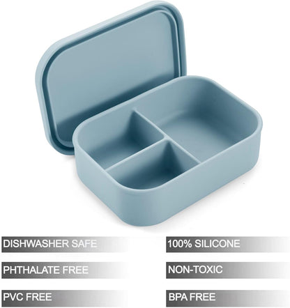 PandaEar Lancheira Bento de Silicone para Crianças, 3 Compartimentos, À Prova de Vazamentos e Livre de BPA, Pode Ser Usada no Micro-ondas e na Lava-louças (Azul)
