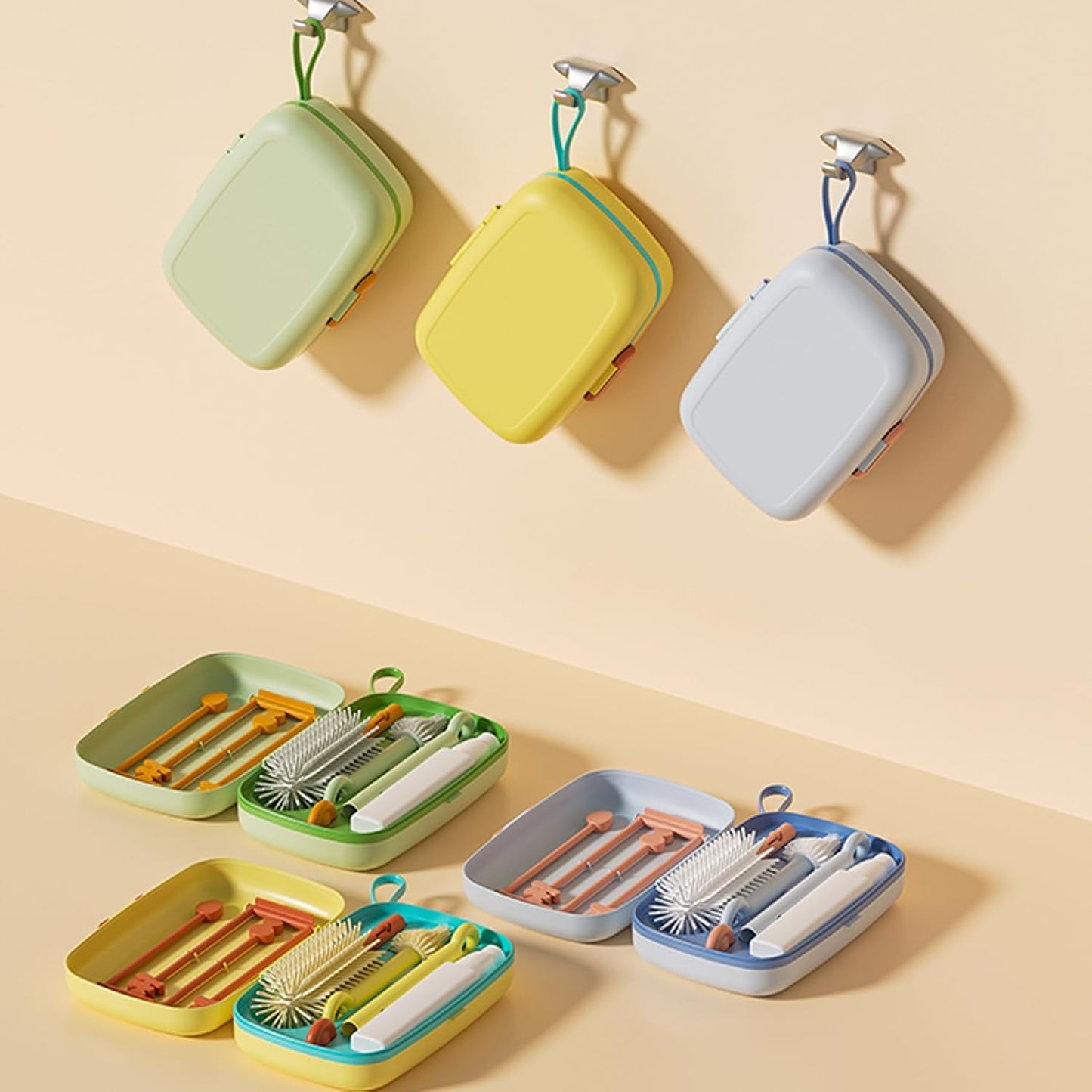 Bebamour Conjunto de escovas para mamadeira 7 em 1, kit de limpeza portátil, laranja