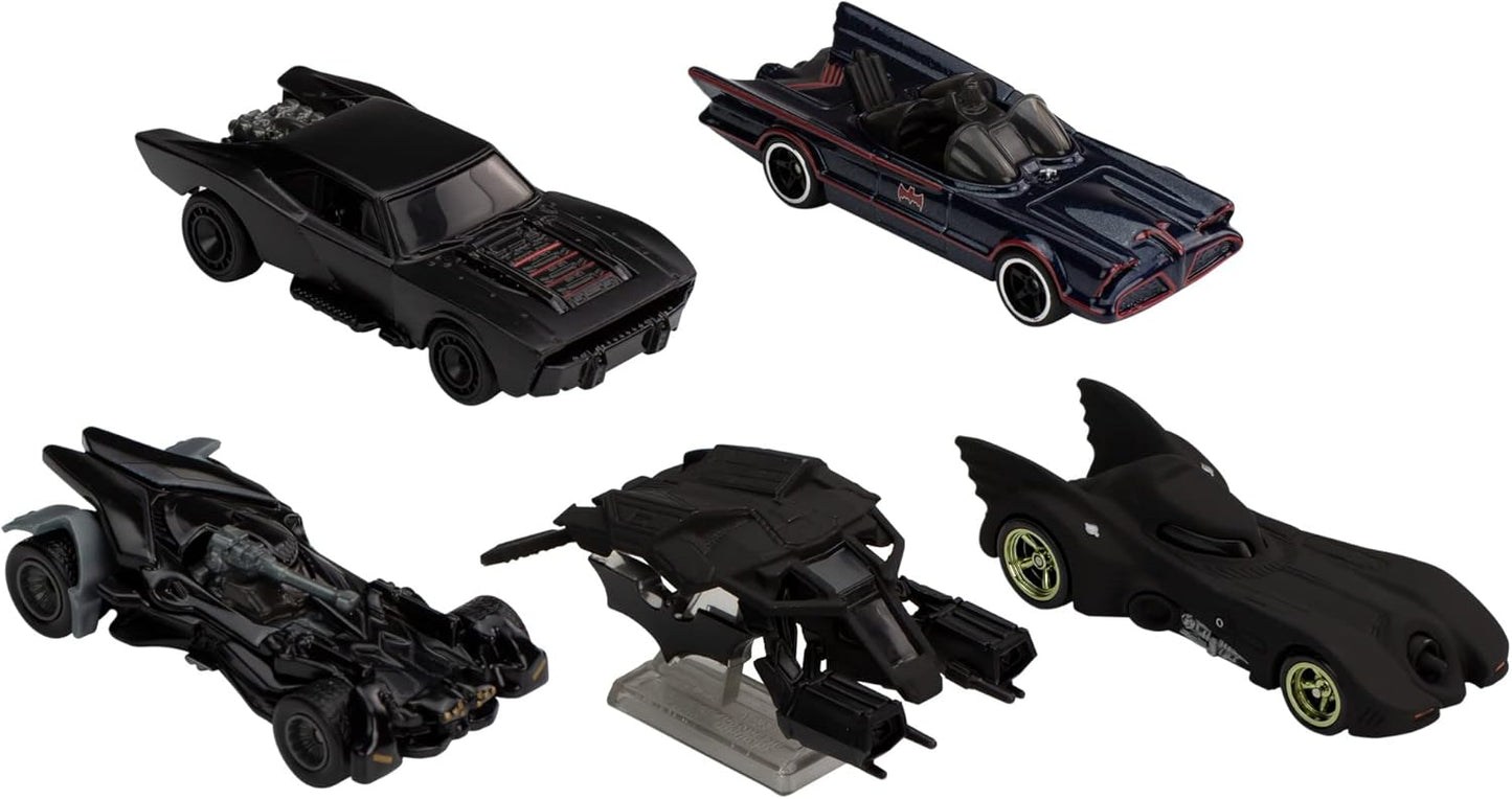 Hot Wheels Pacote Batman, 5 Batmóveis favoritos dos fãs, escala 1:64, veículos de brinquedo, embalagem especial, para brincar ou exibir, para fãs e colecionadores do Batman.