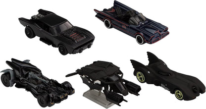 Hot Wheels Pacote Batman, 5 Batmóveis favoritos dos fãs, escala 1:64, veículos de brinquedo, embalagem especial, para brincar ou exibir, para fãs e colecionadores do Batman.