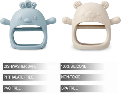 PandaEar Conjunto de 2 mordedores de silicone | Luva mordedora e chupeta para aliviar a dor da dentição (Branco/Azul)