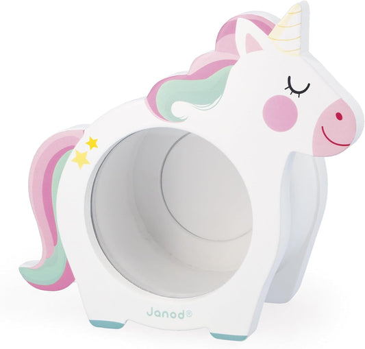 Janod - Cofrinho Unicórnio Infantil - Lateral Transparente e Abertura Traseira Magnética ou Decoração de Quarto - Madeira FSC - A partir de 3 Anos - J04655