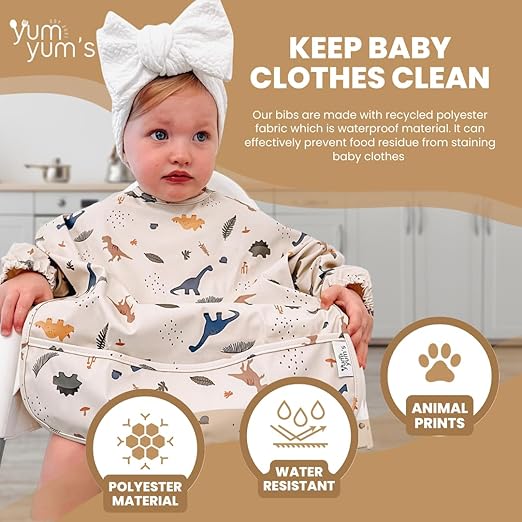 Yum Yum's Babador de silicone para desmame da Baby - Impermeável, fácil de limpar e confortável - Babador de manga comprida para bebês de 6 a 12 meses - Avental multifuncional para alimentação sem sujeira.