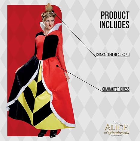 DISGUISE Disney oficial clássico vermelho rainha de corações traje adultos, alice no país das maravilhas traje natal halloween fantasia vestir-se tamanho l