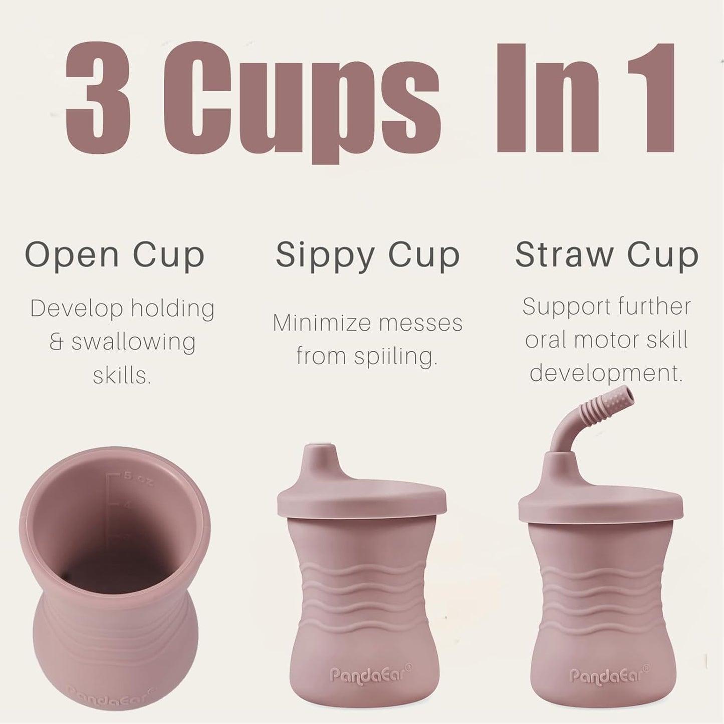 PandaEar Conjunto de 3 Copos de Treinamento para Bebês em Silicone com Canudo, Inquebráveis, para Bebês e Crianças a partir de 6 Meses, 148ml (Rosa/Rosa Claro/Linho)