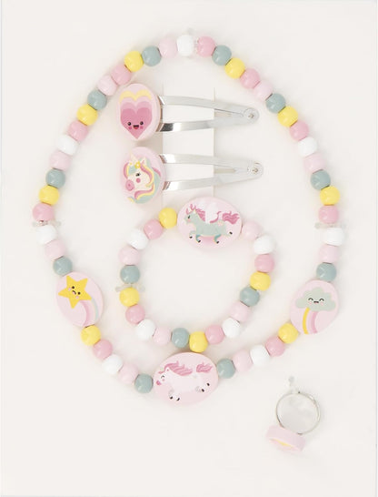 Janod - Conjunto de 5 joias de madeira de unicórnio - 1 colar, 1 pulseira, 1 anel e 2 clipes - Joias de madeira e metal FSC - Acessório de moda - A partir de 3 anos - J08880