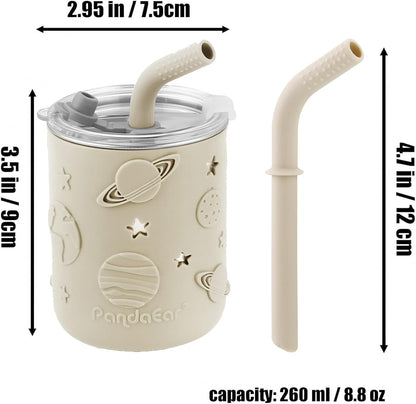 PandaEar Conjunto de 2 copos infantis em aço inoxidável com tampas e protetores de silicone, além de 2 colheres e garfos, copos de treinamento de 260 ml (8,8 oz) à prova de vazamentos com canudo, livres de BPA (rosa claro/linho)
