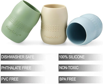 PandaEar Conjunto de 3 Copos de Silicone para Bebês a partir de 6 Meses, Copo Pequeno para Beber, Copo Aberto para Introdução Alimentar, Copos Antivazamento para Crianças Pequenas (Azul/Verde/Bege)