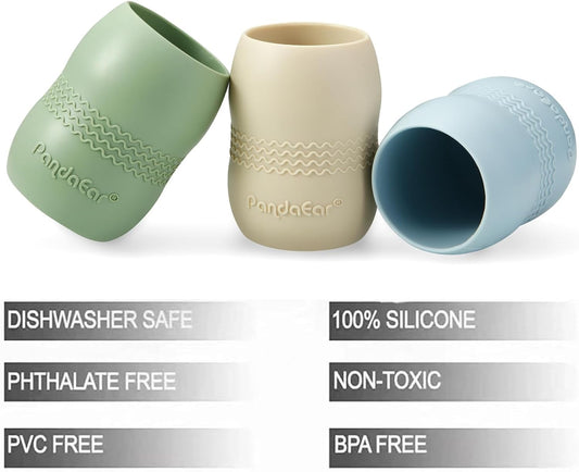 PandaEar Conjunto de 3 Copos de Silicone para Bebês a partir de 6 Meses, Copo Pequeno para Beber, Copo Aberto para Introdução Alimentar, Copos Antivazamento para Crianças Pequenas (Azul/Verde/Bege)