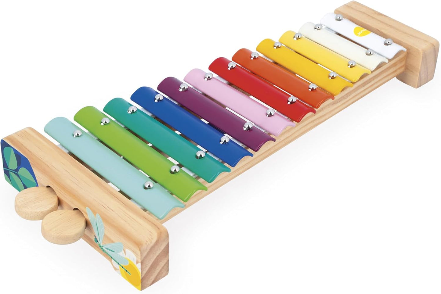 Janod - Xilofone de madeira e metal - Instrumento musical para crianças - 12 teclas e 2 baquetas incluídas - Brinquedo de imitação musical - Aquarela - A partir de 18 meses, J07663