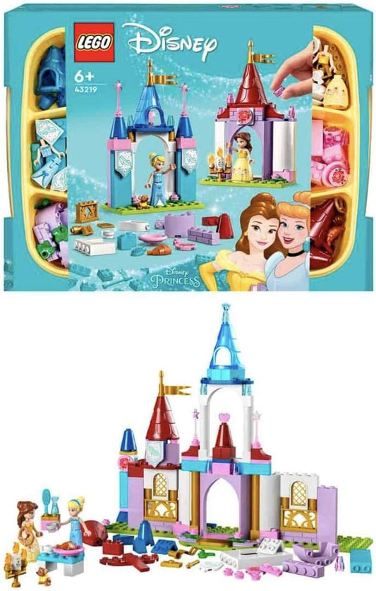 LEGO Castelos criativos de princesas da Disney, conjunto de castelo de brinquedo com minibonecas da Bela e Cinderela e caixa de classificação de tijolos, brinquedos de viagem para crianças, meninas e meninos com mais de 6 anos 43219