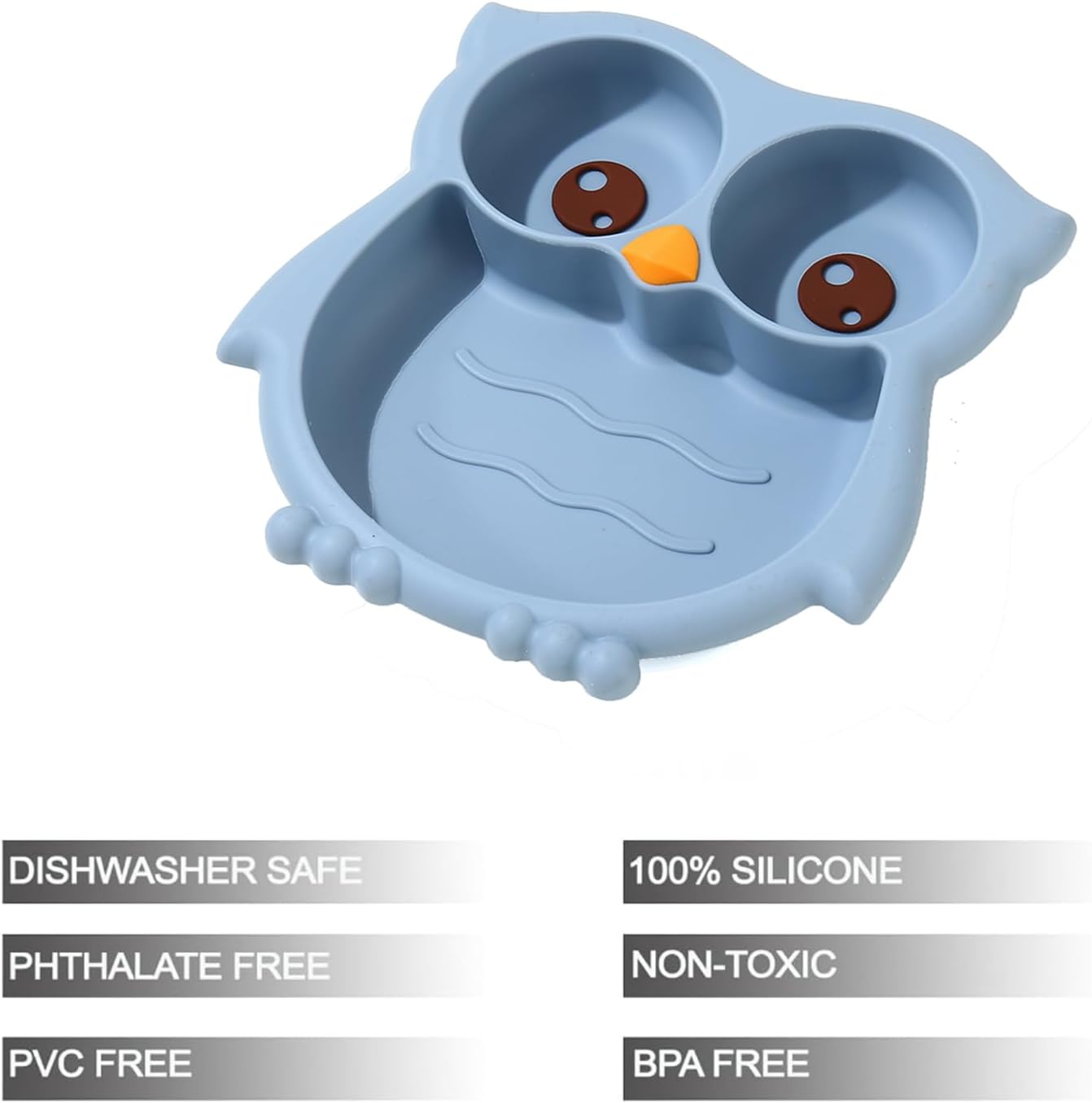 PandaEar Prato de silicone com ventosa, prato dividido para introdução alimentar, prato com ventosa inquebrável para bebês e crianças pequenas, antiderrapante, atóxico, livre de BPA, coruja