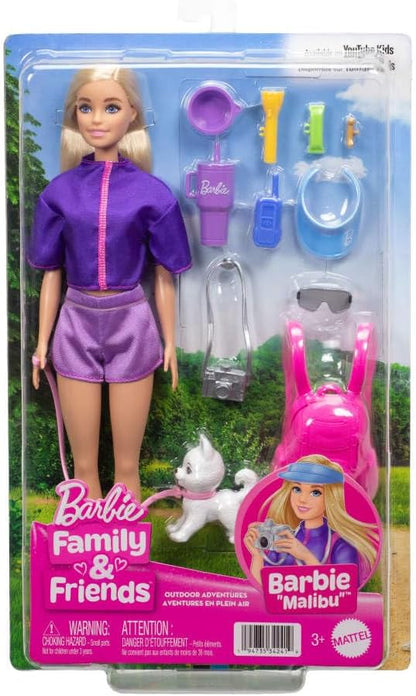 Barbie “Malibu” Aventuras ao Ar Livre, Boneca Fashion com Roupa de Aventura e Mais de 10 Acessórios com Tema de Acampamento, Incluindo um Cachorrinho de Estimação, JJV59