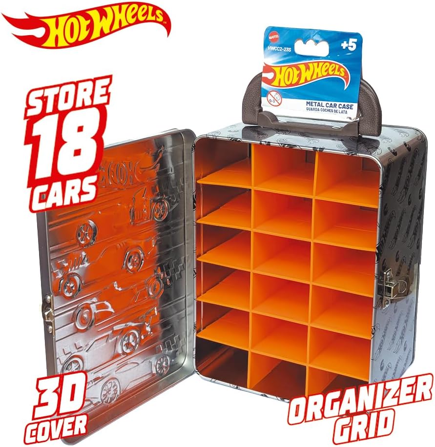 Hot Wheels Estojo de metal para carrinhos na escala 1:64 | Organizador e porta-carrinhos para 18 unidades | Presente ideal para colecionadores e crianças a partir de 3 anos | Tampa com design 3D | (Carrinhos não inclusos)