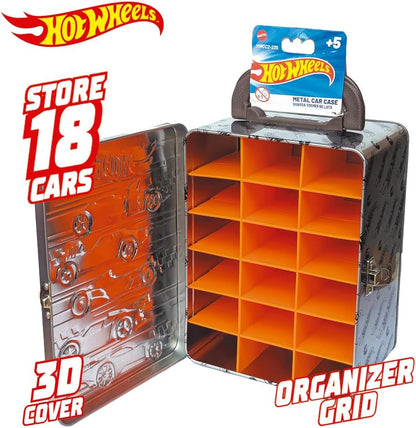 Hot Wheels Estojo de metal para carrinhos na escala 1:64 | Organizador e porta-carrinhos para 18 unidades | Presente ideal para colecionadores e crianças a partir de 3 anos | Tampa com design 3D | (Carrinhos não inclusos)