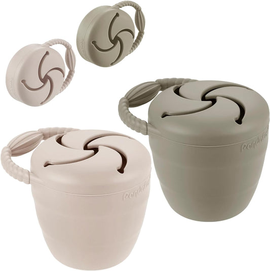 PandaEar Conjunto de 2 Potes para Lanches Infantis , Potes de Silicone Dobráveis para Bebês, Recipiente Antivazamento para Lanches, Coletor de Alimentos, Bege Claro/Nogueira