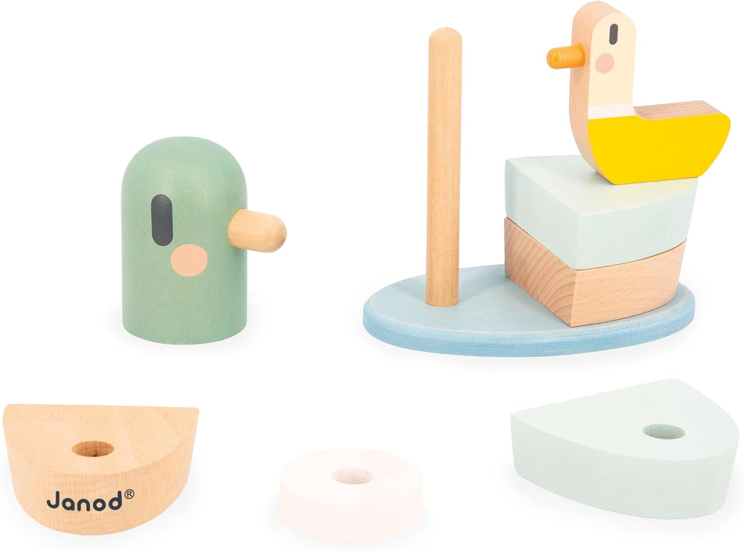 Janod - Pato empilhável Sweet Cocoon - 7 peças empilháveis de madeira FSC - Jogo de aprendizagem precoce - Desenvolve habilidades motoras finas - 12 meses +,