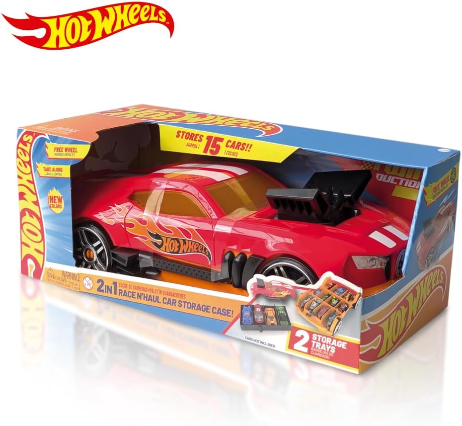 Hot Wheels Estojo para guardar carrinhos 2 em 1, modelo Race N' Haul, com rodas livres e alça retrátil - Capacidade para até 15 carrinhos (carrinhos não inclusos).