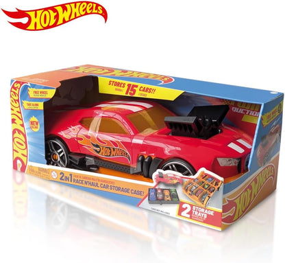 Hot Wheels Estojo para guardar carrinhos 2 em 1, modelo Race N' Haul, com rodas livres e alça retrátil - Capacidade para até 15 carrinhos (carrinhos não inclusos).