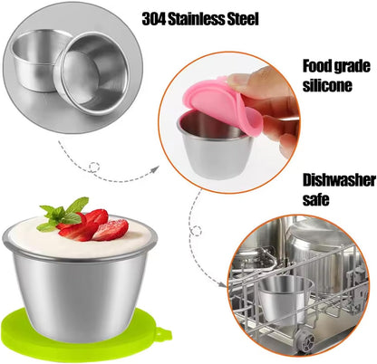 PandaEar Conjunto de 6 recipientes de aço inoxidável de 70 ml (2,4 oz) para molho de salada, com tampas à prova de vazamentos. Copos pequenos e reutilizáveis para molho de salada, lancheira, viagens e preparação de refeições.