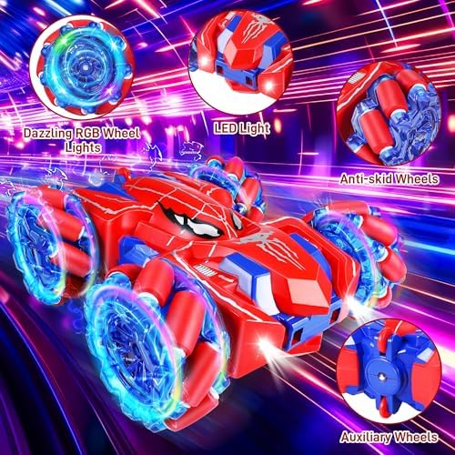 Carro de Controle Remoto Spider - Caminhão Monstro de 2.4Ghz com Rotação de 360° e Dupla Face para Meninos de 4 a 8 Anos, Carro Acrobático 4WD com Luzes Incríveis