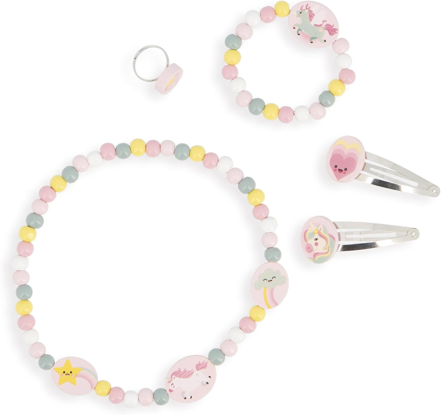 Janod - Conjunto de 5 joias de madeira de unicórnio - 1 colar, 1 pulseira, 1 anel e 2 clipes - Joias de madeira e metal FSC - Acessório de moda - A partir de 3 anos - J08880