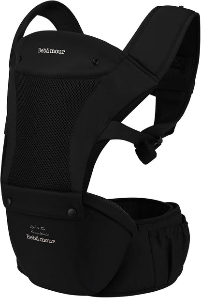 Bebamour Canguru para Bebê, para bebês de 0 a 36 meses, com assento de quadril, capuz para a cabeça, 3 protetores de dentição, extensor de cintura, preto.